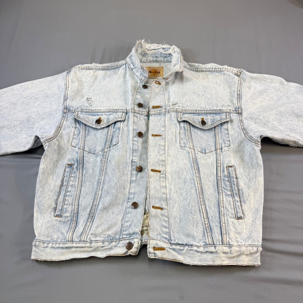Vtg Hard‎ Rock Cafe Save the Planet Denim Jacket Acid Wash Distressed women's  L